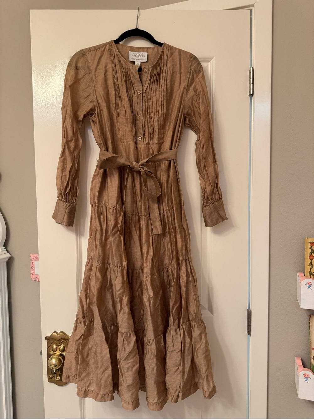 Mare Mare x Anthropologie Tan Tiered Button-Front Dress with Waist Tie